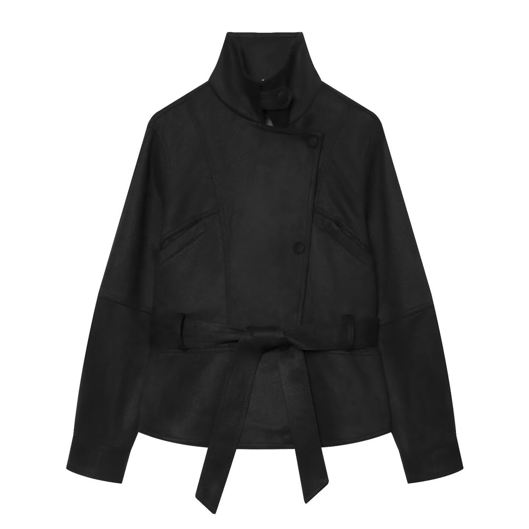 Damen Taillierte Kurzjacke aus weichem Veloursimitat mit asymmetrischer Knopfleiste und Bindegürtel Nord Taschen