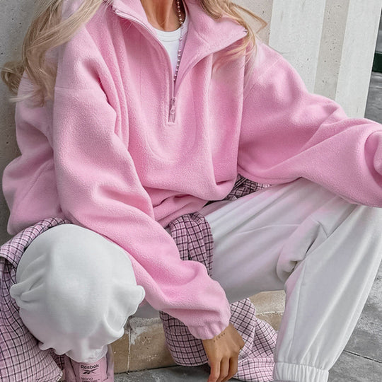 Damen Oversized Fleecepullover mit halbem Reißverschluss und Stehkragen Nord Taschen