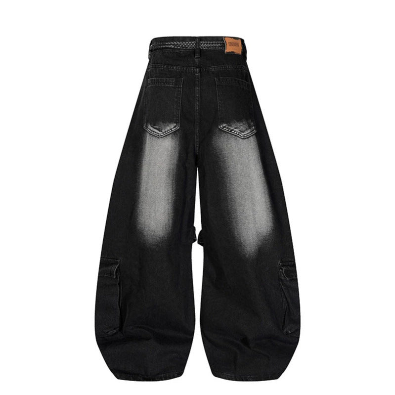 Damen Weite Denim-Cargo-Hose im Balloon-Schnitt mit großen Aufsatztaschen und geflochtenem Gürtel Nord Taschen