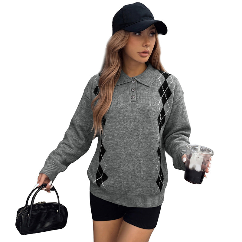 Damen Eleganter Strickpullover mit Polo-Kragen und Rautenmuster Nord Taschen