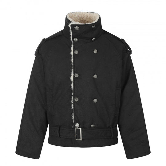 Herren Kurz geschnittene doppelt geknöpfte Aviator‑Jacke mit Teddyfutter, Stehkragen und Taillengürtel Nord Taschen