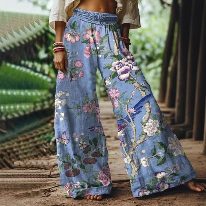 Damen Weite Sommerhose mit buntem Blumen- und Schmetterlingsprint