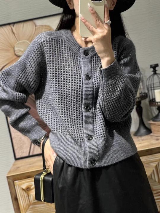Damen Lockerer Mesh‑Cardigan mit Gitter‑Ajour, Rundhalsausschnitt und Knopfleiste Nord Taschen