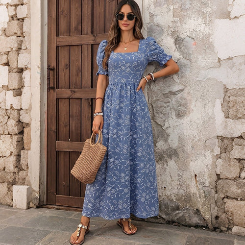 Damen Langes Leichtes Sommer-Maxikleid mit quadratischem Ausschnitt, Puffärmeln und floraler Stickoptik Nord Taschen