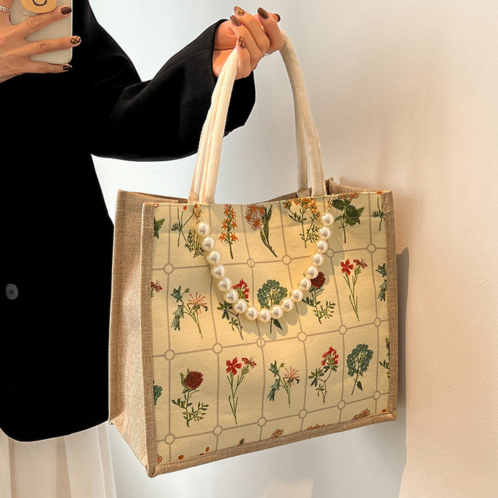 Damen Jute-Shopper Tasche mit floralem Stickmuster und stabilen Griffen Nord Taschen
