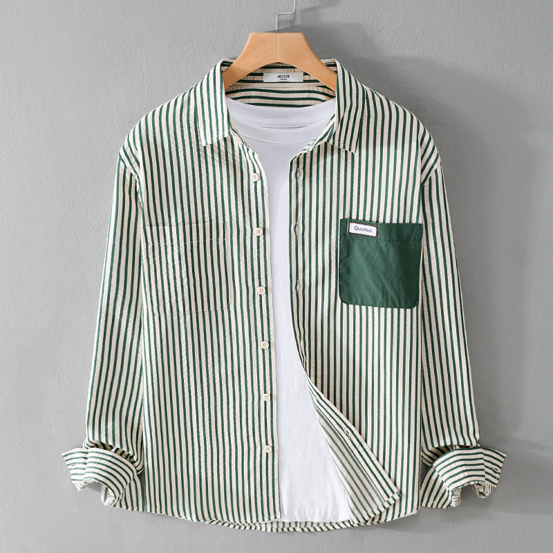 Herren Gestreiftes Langarm-Overshirt aus Baumwollmix mit kontrastierter Brusttasche Nord Taschen