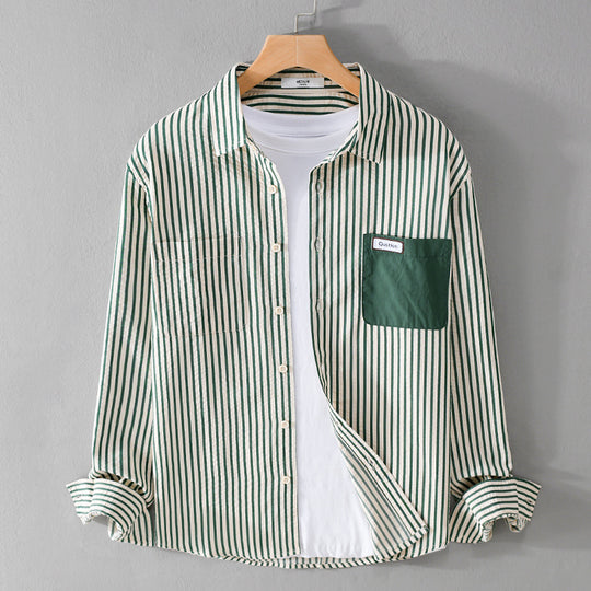 Herren Gestreiftes Langarm-Overshirt aus Baumwollmix mit kontrastierter Brusttasche Nord Taschen
