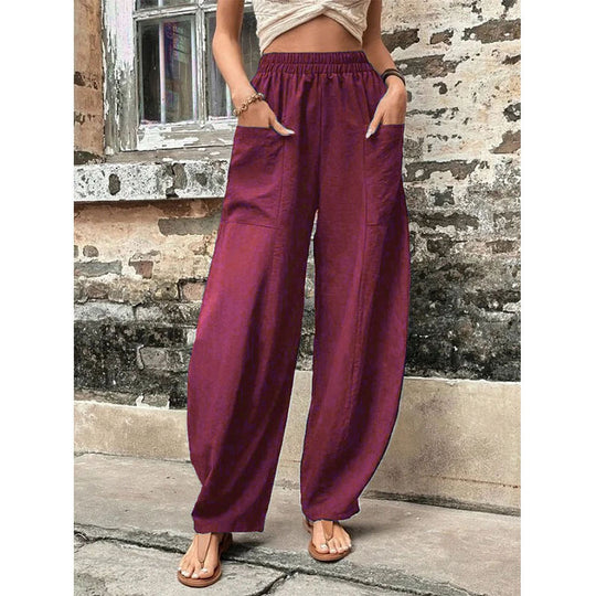 Damen Leichte Leinenhose mit weitem Bein, hohem elastischem Bund und aufgesetzten Taschen Nord Taschen
