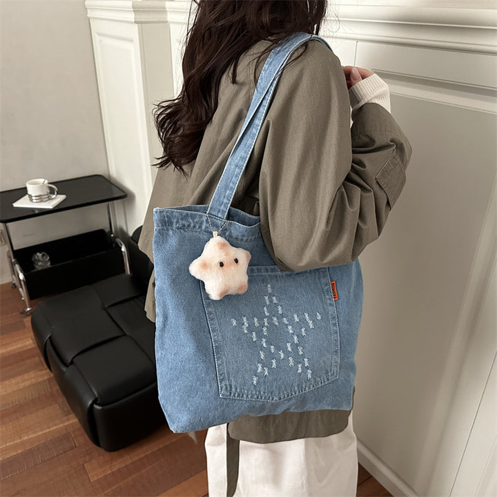 Damen Denim Beuteltasche mit niedlichem Tieranhänger Nord Taschen