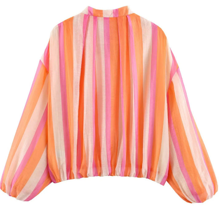 Damen Gestreifte Cropped Blousonjacke mit Stehkragen, Reißverschluss und Ballonärmeln Nord Taschen