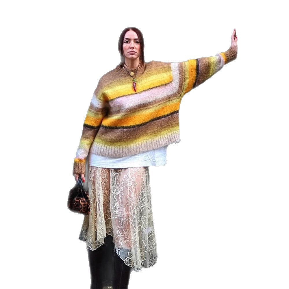 Damen Kuscheliger Streifenpullover aus flauschigem Mohair-Mix mit Rundhalsausschnitt und Oversize-Silhouette Nord Taschen