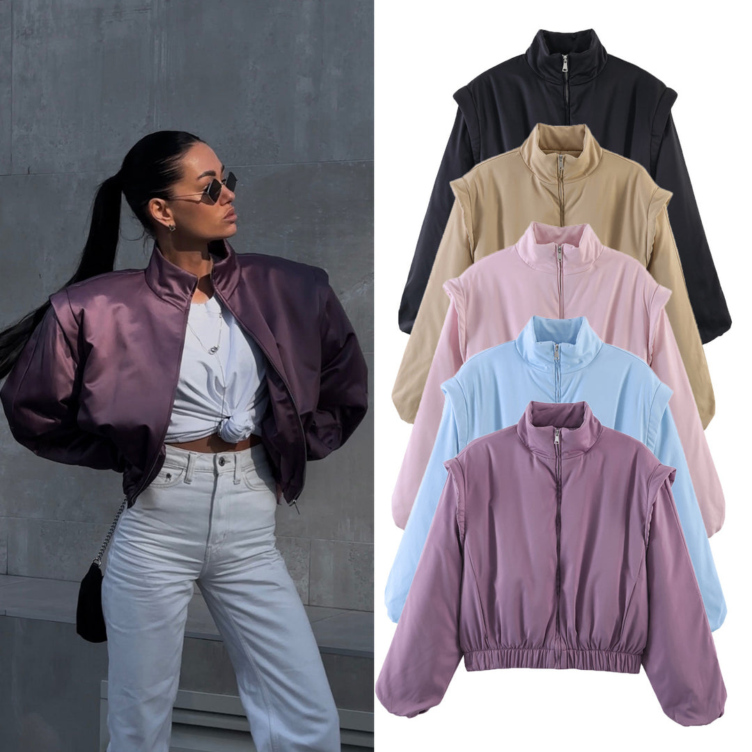 Damen Gefütterte Cropped-Stehkragenjacke mit elastischem Saum und Ballonärmeln Nord Taschen