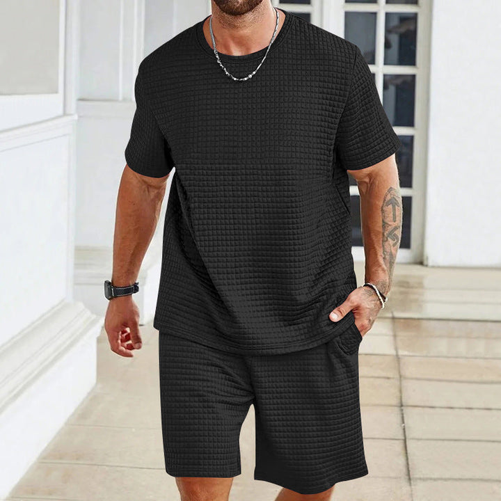 Herren nan leichter Freizeit-Zweiteiler in Waffelstruktur mit Rundhals-T-Shirt und komfortablen Shorts