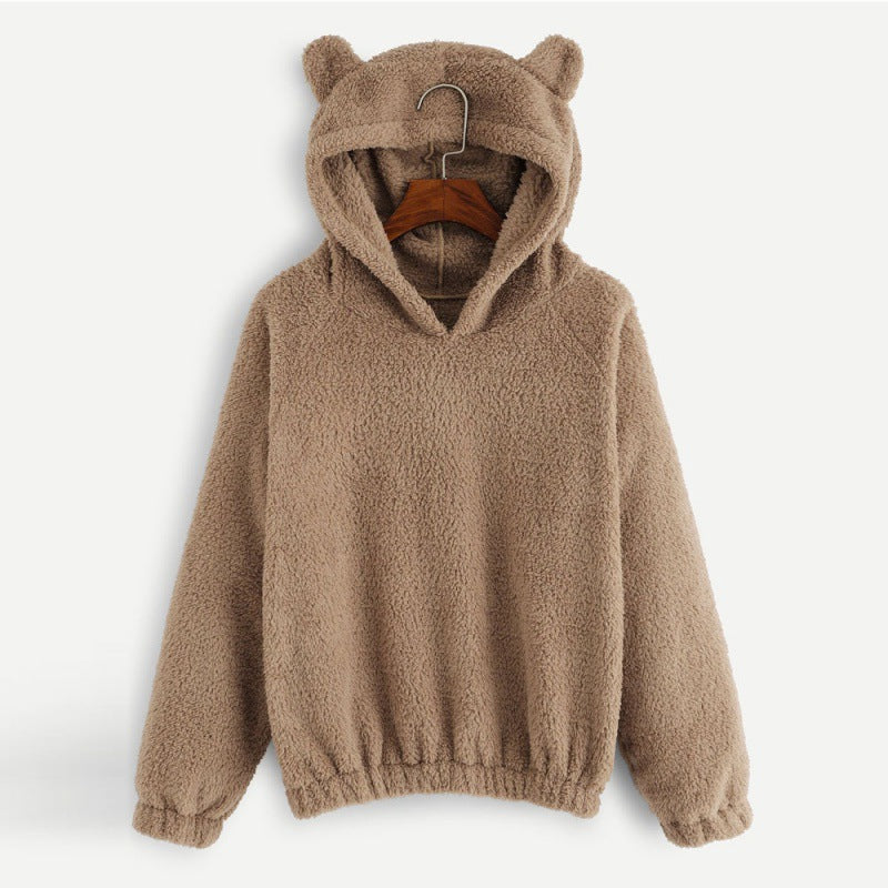 Damen Kuscheliger Teddy-Kapuzenpullover mit Bärenohren und Gummizugsaum Nord Taschen