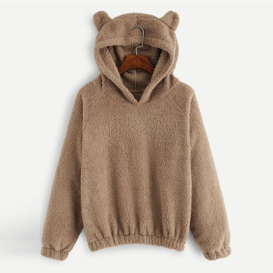 Damen Kuscheliger Teddy-Kapuzenpullover mit Bärenohren und Gummizugsaum Nord Taschen