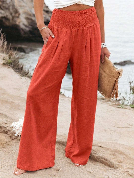 Damen Weite Leinenhose mit Smokbund und Eingrifftaschen Nord Taschen