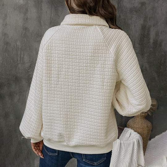 Damen Strukturierter Waffelstrick-Pullover mit Polokragen und Zierknopfleiste Nord Taschen