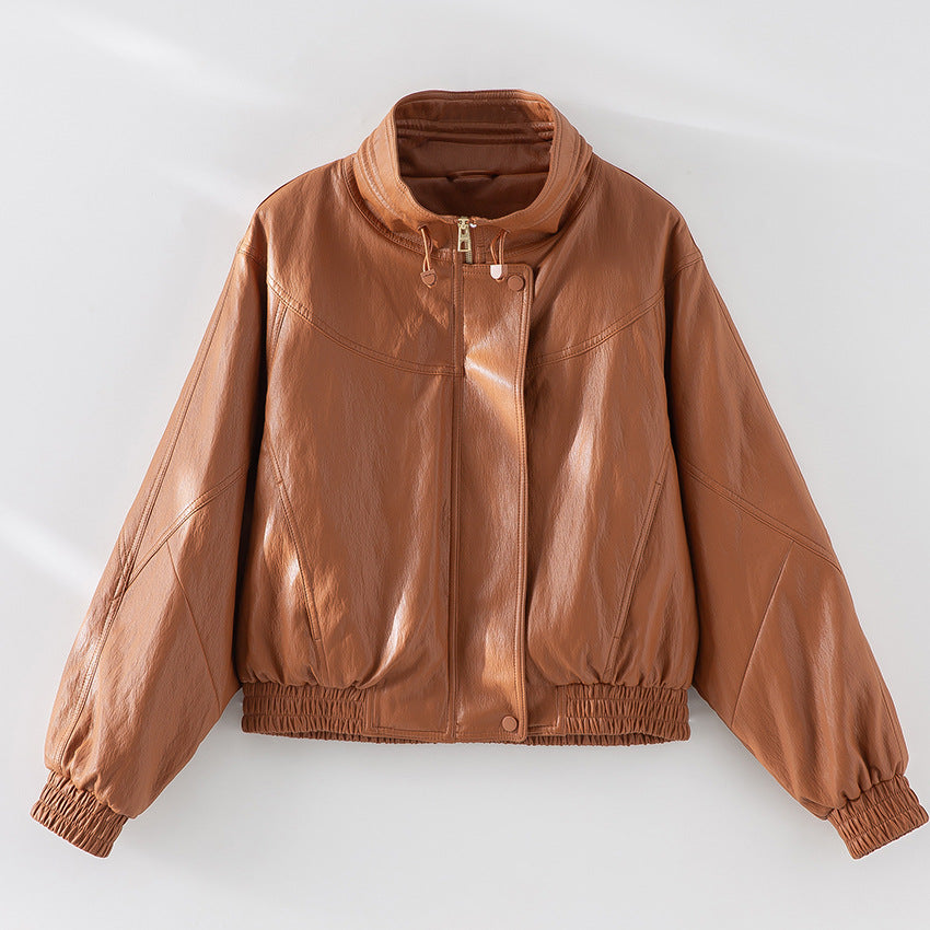 Damen Oversized Lederimitat-Bomberjacke mit Stehkragen und elastischem Saum Nord Taschen