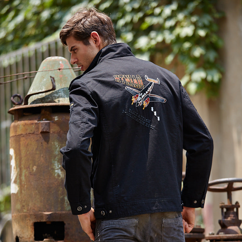 Herren military-inspirierte Canvas-Fieldjacke mit Schulterklappen, Stickpatches und verdecktem Zwei-Wege-Reißverschluss Nord Taschen