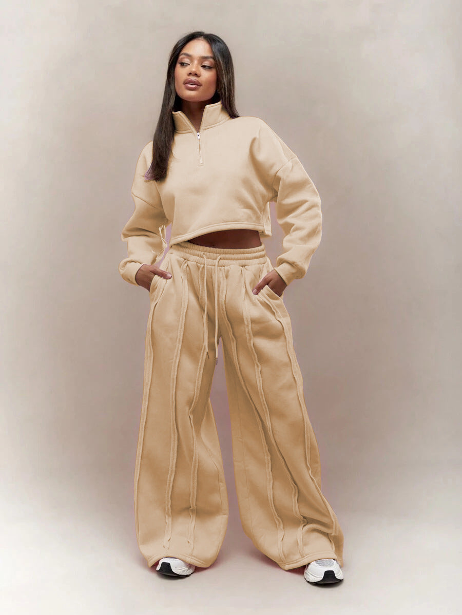 Damen Crop-Halbzip-Sweatshirt und High-Waist Wide-Leg Loungehose Set mit sichtbaren Naht-Details Nord Taschen