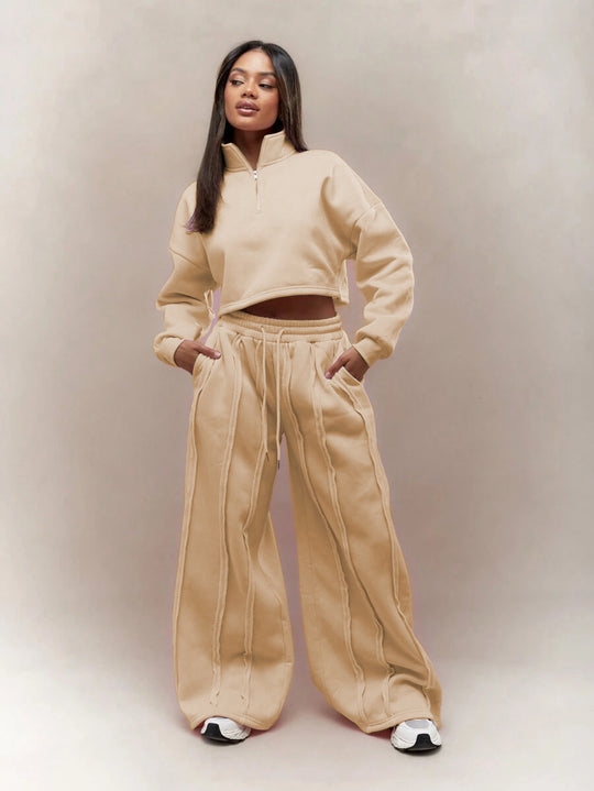 Damen Crop-Halbzip-Sweatshirt und High-Waist Wide-Leg Loungehose Set mit sichtbaren Naht-Details Nord Taschen