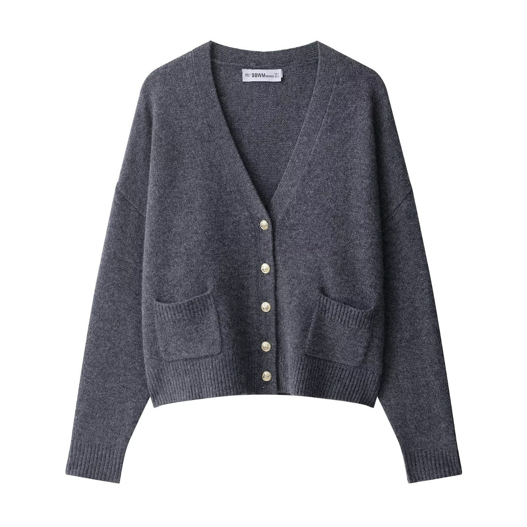 Damen Oversize-Wollmix-Cardigan mit V-Ausschnitt, goldfarbenen Zierknöpfen und aufgesetzten Taschen Nord Taschen