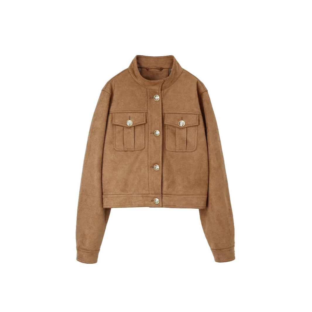 Damen Kurzjacke aus Wildlederoptik mit Stehkragen und aufgesetzten Pattentaschen Nord Taschen