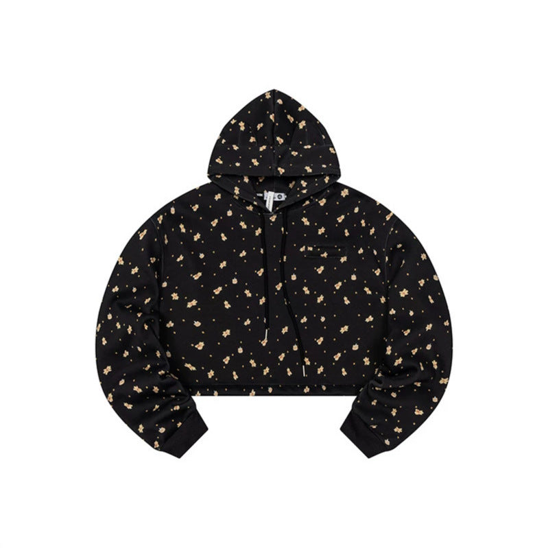 Damen Cropped Kapuzen-Sweatshirt mit Allover-Blumenprint, Brusttasche und gerafftem Saum Nord Taschen