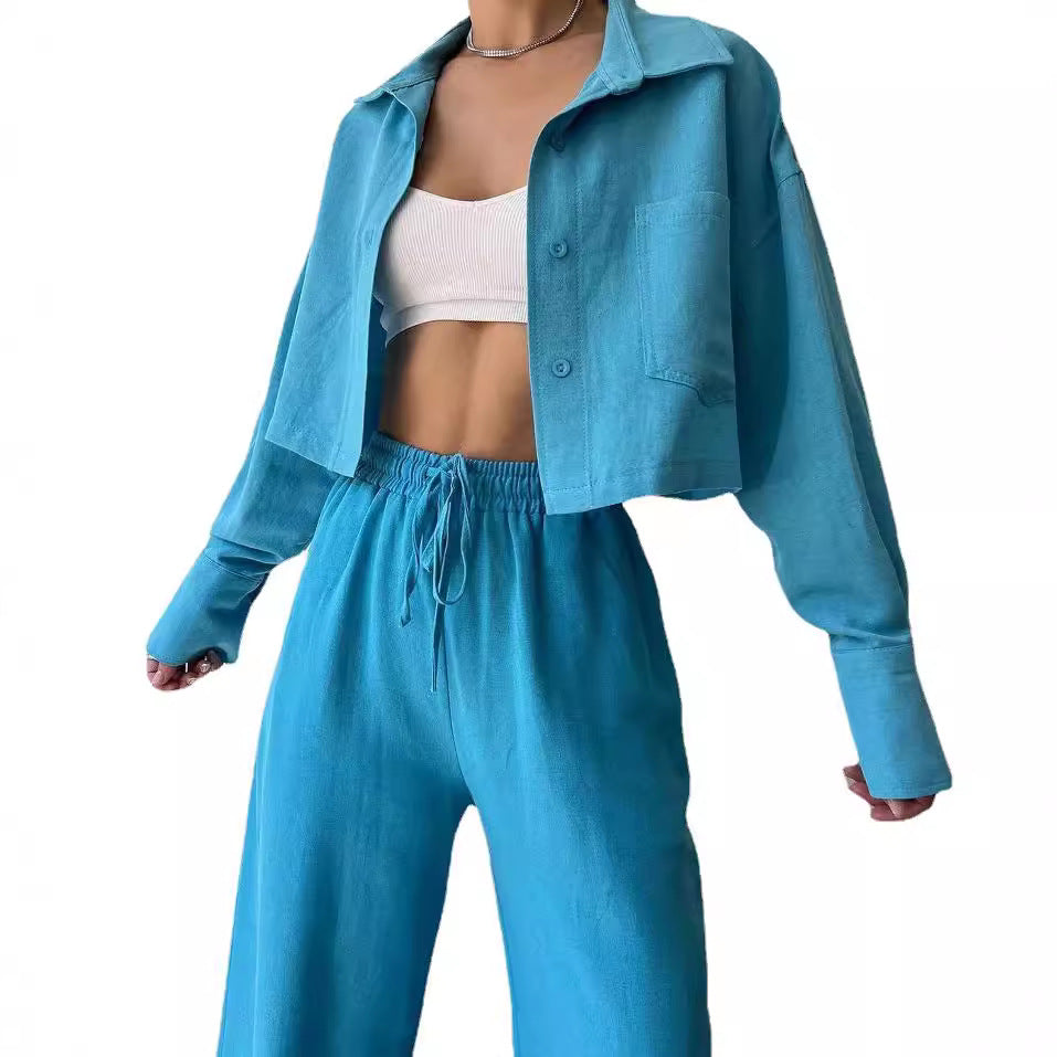 Damen Leinenoptik-Loungewear-Set mit Cropped-Overshirt und High-Waist-Tunnelzughose Nord Taschen