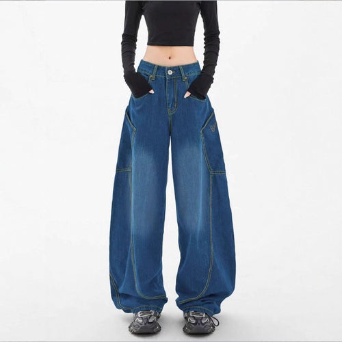 Damen Weite High-Waist Balloon-Jeans mit Utility-Taschen und kontrastierenden Nähten Nord Taschen