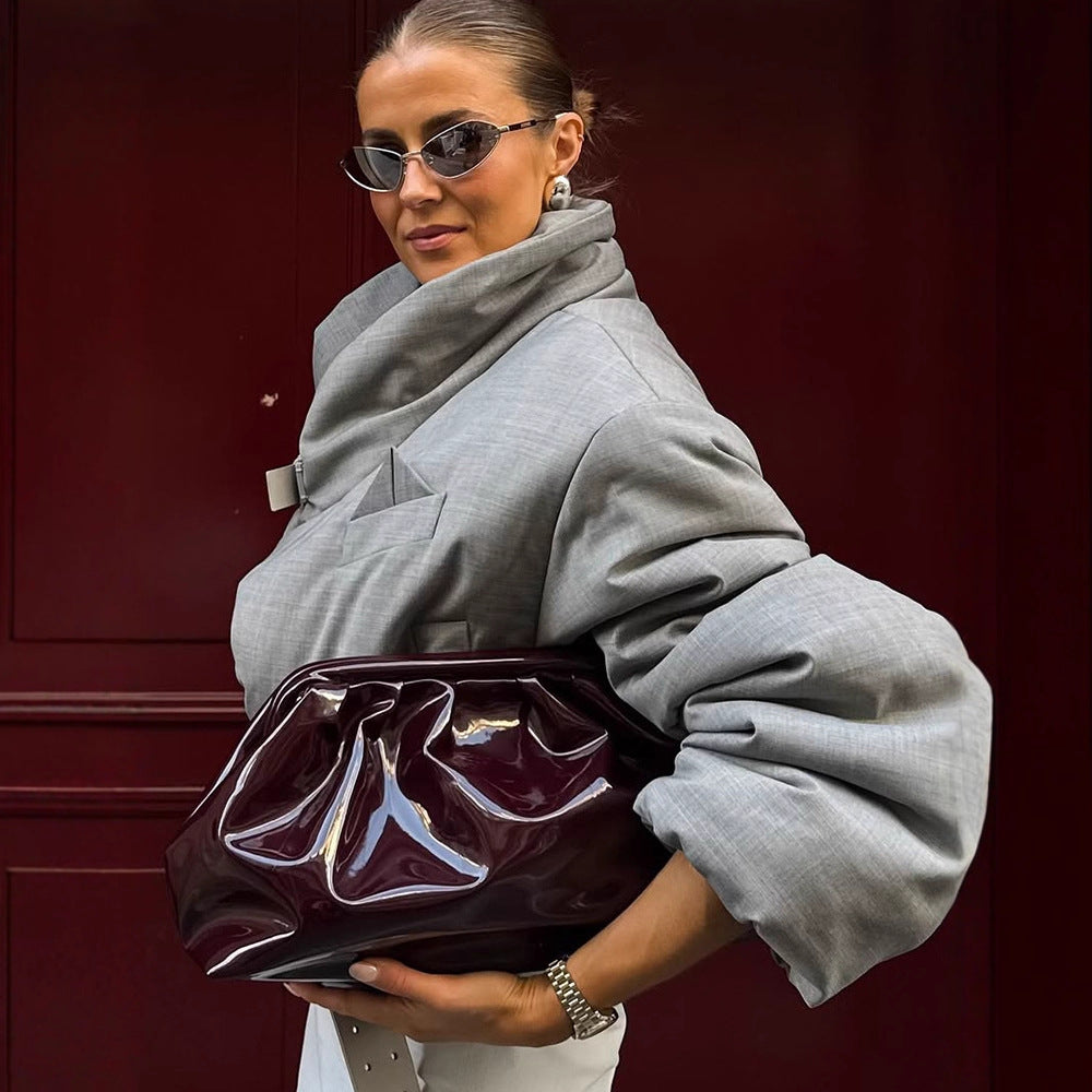 Damen wattierter Oversize-Blazer mit hohem Schalkragen und Taillengürtel Nord Taschen