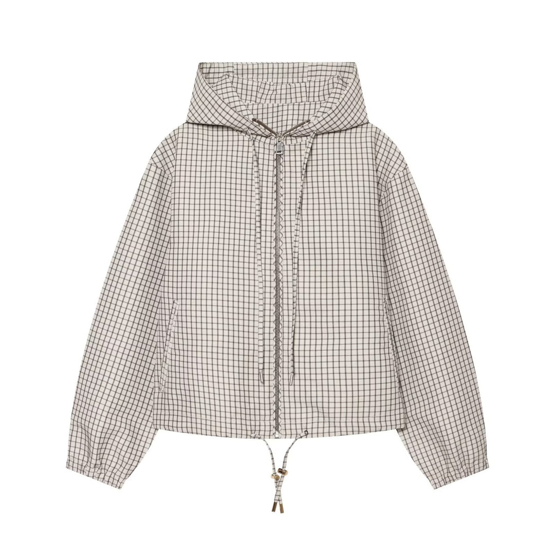 Damen Karierter Cropped‑Windbreaker mit Kapuze, Tunnelzug und Reißverschluss Nord Taschen