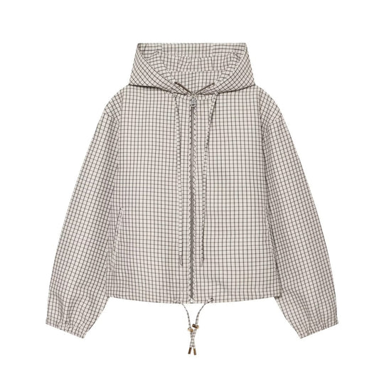 Damen Karierter Cropped‑Windbreaker mit Kapuze, Tunnelzug und Reißverschluss Nord Taschen