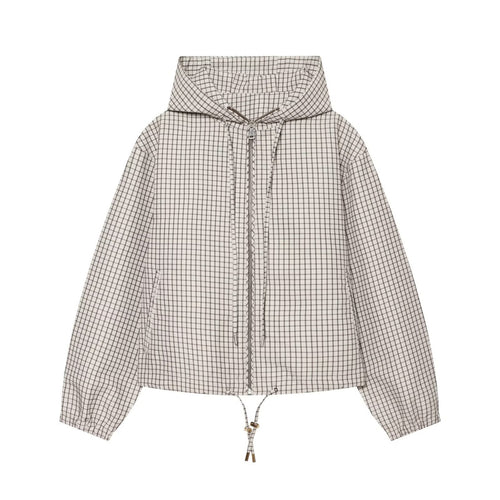 Damen Karierter Cropped‑Windbreaker mit Kapuze, Tunnelzug und Reißverschluss Nord Taschen