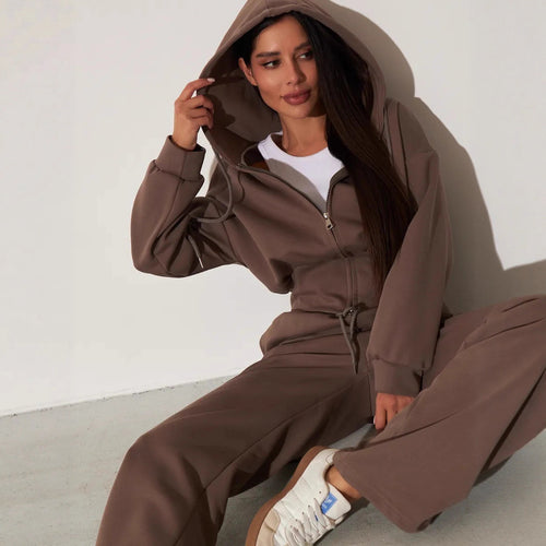Damen kurzes Kapuzen-Zipshirt mit tailliertem Tunnelzug und weit geschnittene High-Waist-Loungehose Nord Taschen