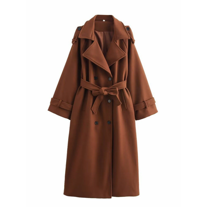 Damen langer doppeltreihiger Wollmix-Trenchcoat mit Gürtel und breitem Revers Nord Taschen