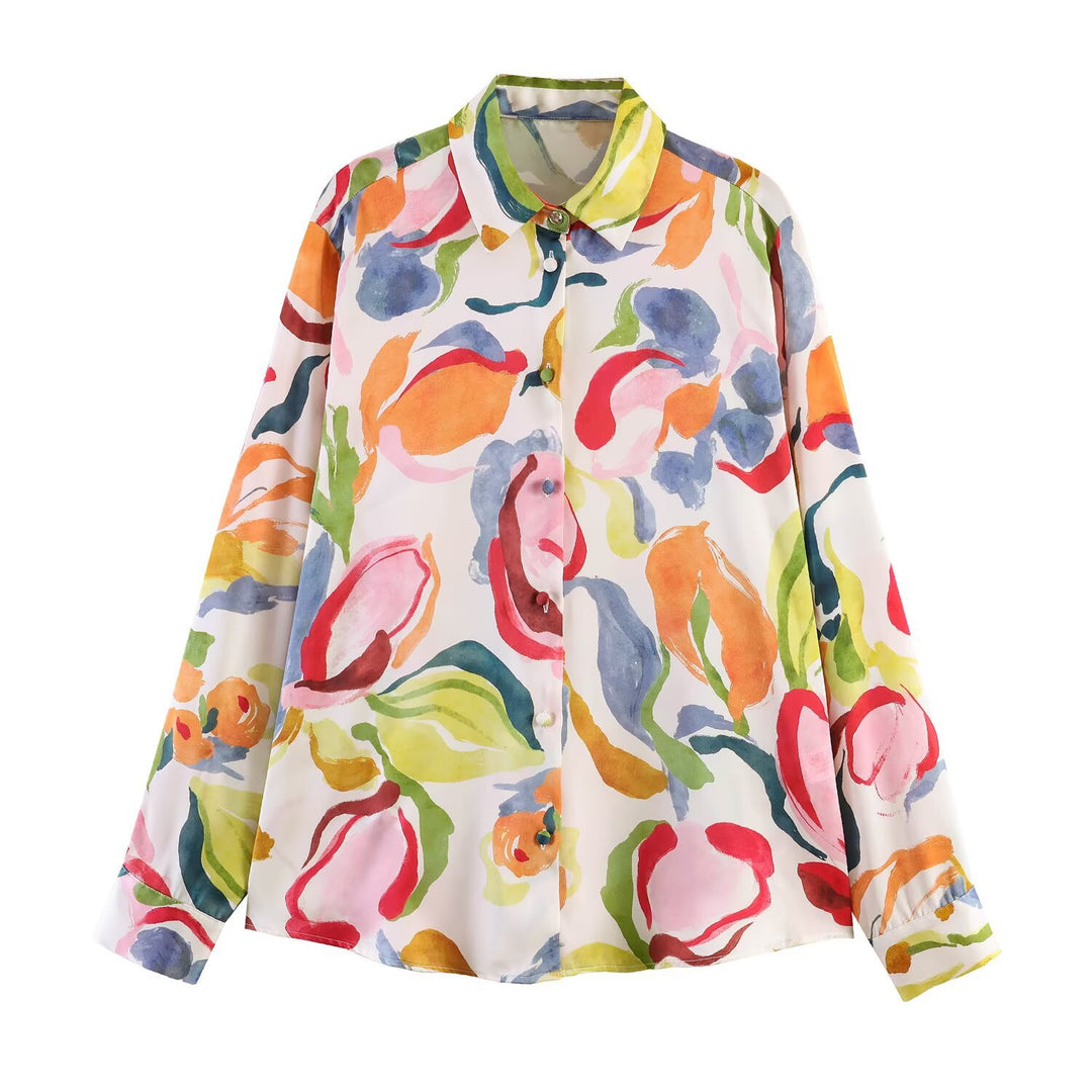 Damen bedruckte Oversize-Bluse mit Hemdkragen und Perlmuttknöpfen Nord Taschen