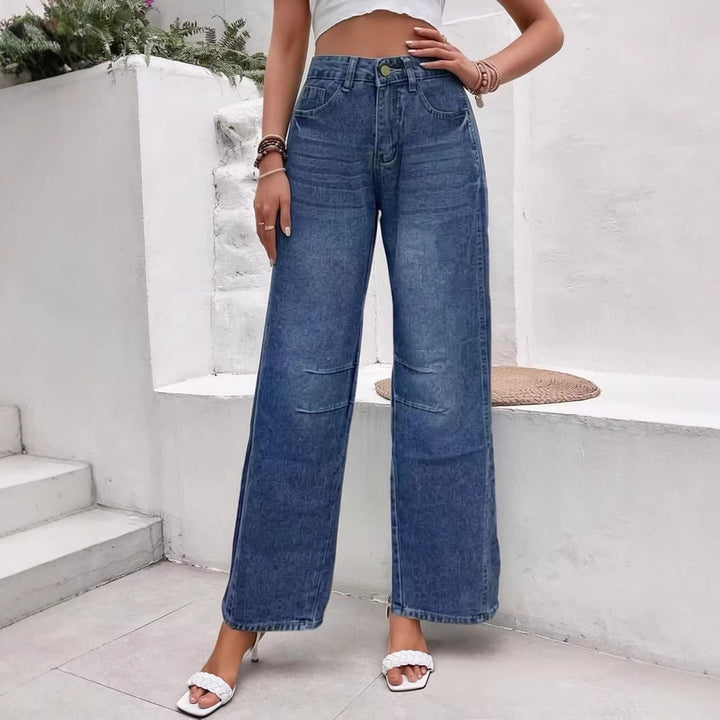 Damen High-Waist weite Denim-Hose mit ausgestelltem Bein und tonalen Knie-Abnähern Nord Taschen