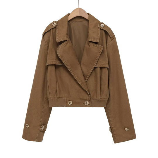 Damen Kurzjacke Trenchstil mit Schulterklappen tailliertem Rippbund und Zierknöpfen Nord Taschen