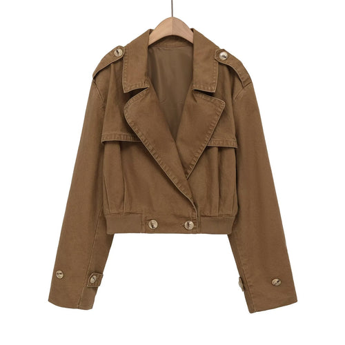 Damen Kurzjacke Trenchstil mit Schulterklappen tailliertem Rippbund und Zierknöpfen Nord Taschen