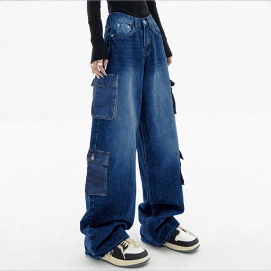 Damen Weite High-Waist Cargo-Jeans im Baggy-Schnitt mit Mehrfach-Taschen Nord Taschen