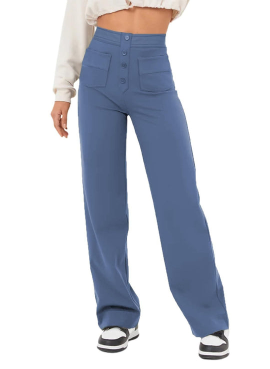 Damen Hochtaillierte weite Hose mit Knopfleiste und aufgesetzten Taschen Nord Taschen