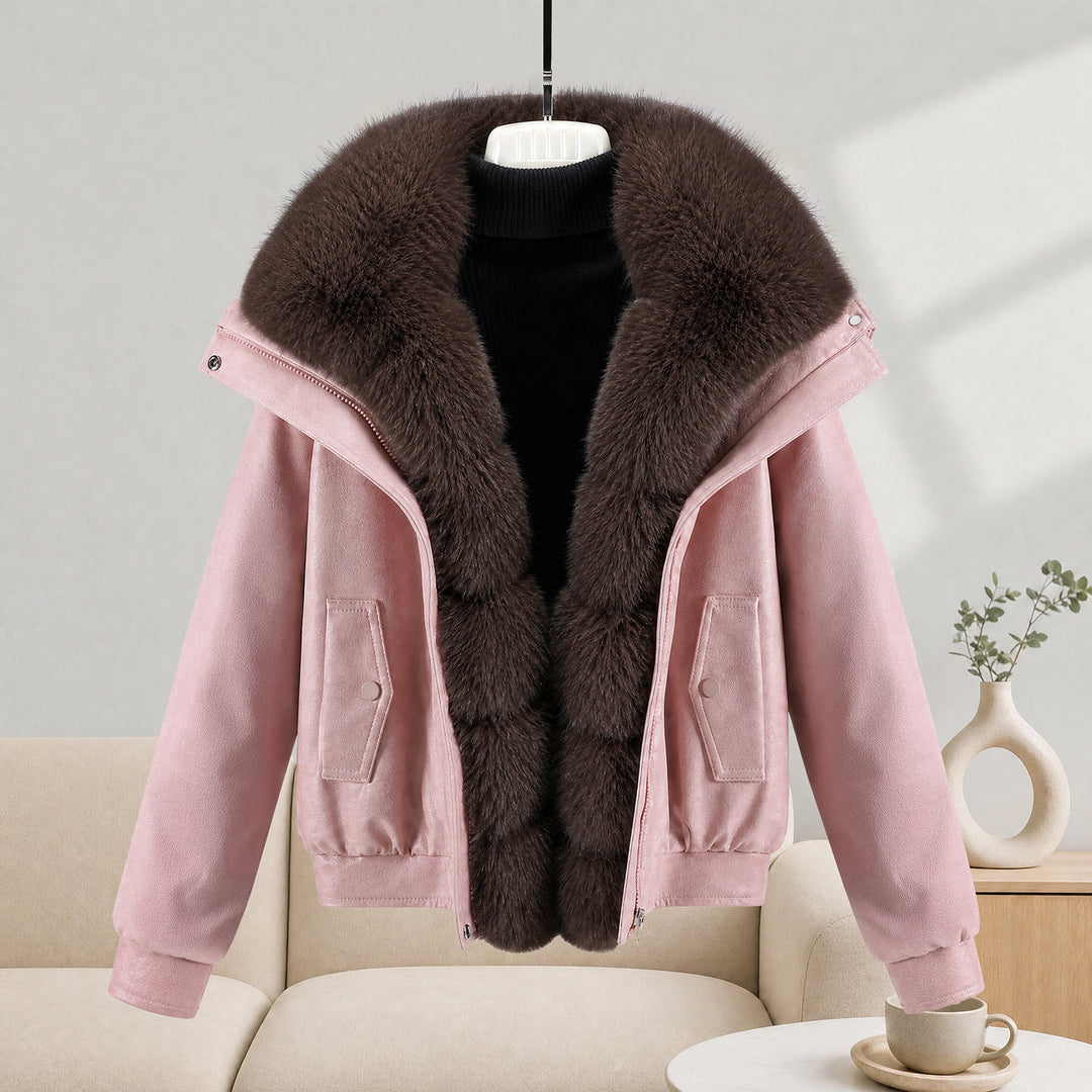 Damen nan kurze Lammfelloptik-Bomberjacke mit voluminösem Fellkragen und tailliertem Saum Nord Taschen