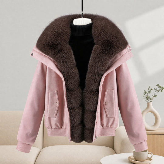 Damen nan kurze Lammfelloptik-Bomberjacke mit voluminösem Fellkragen und tailliertem Saum Nord Taschen