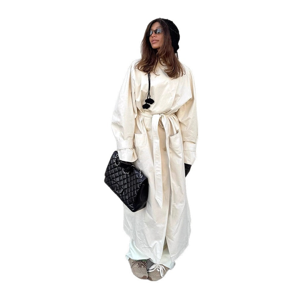 Damen Maxilanger taillierter Trenchcoat aus leichter Baumwollmischung mit Bindegürtel Nord Taschen