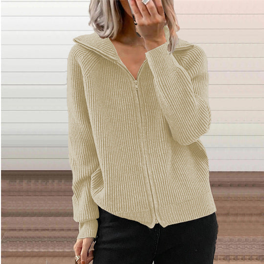 Damen bequeme Strickjacke mit hohem Kragen und durchgehendem Reißverschluss
