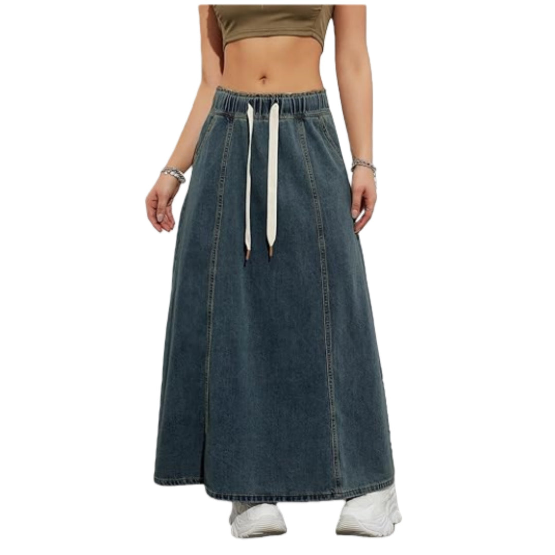 Damen Langer A-Linien Jeansrock mit elastischem Bund und Kordel Nord Taschen