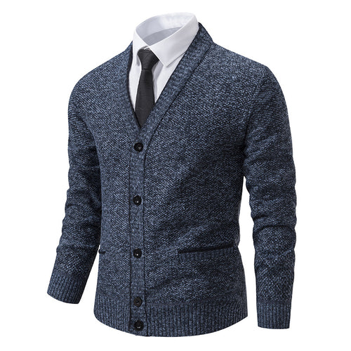 Herren melierter Strukturstrick-Cardigan mit V-Ausschnitt, Kontrastkanten und aufgesetzten Taschen Nord Taschen