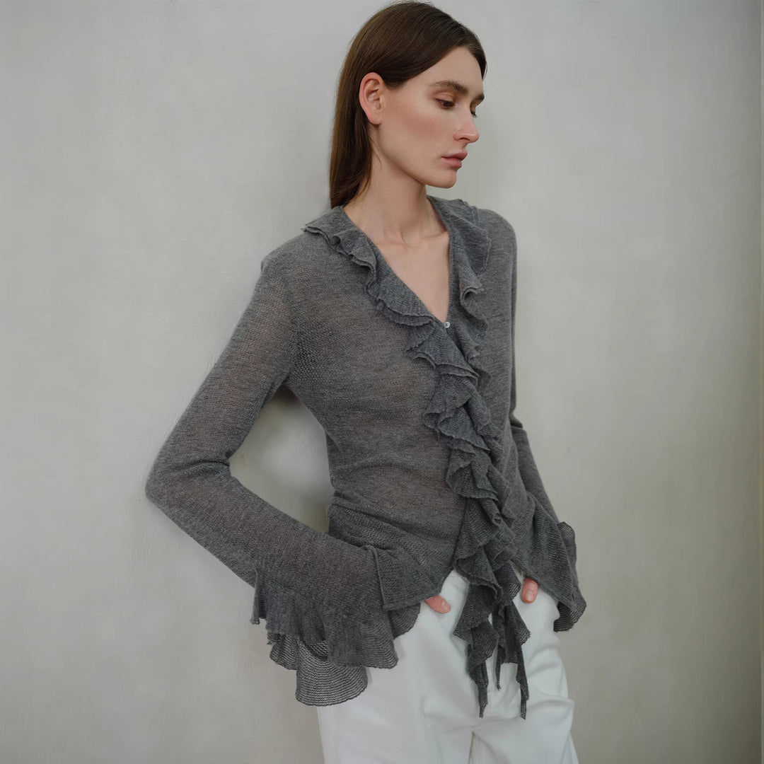 Damen Rüschen-Strickcardigan mit V-Ausschnitt und Volantärmeln Nord Taschen