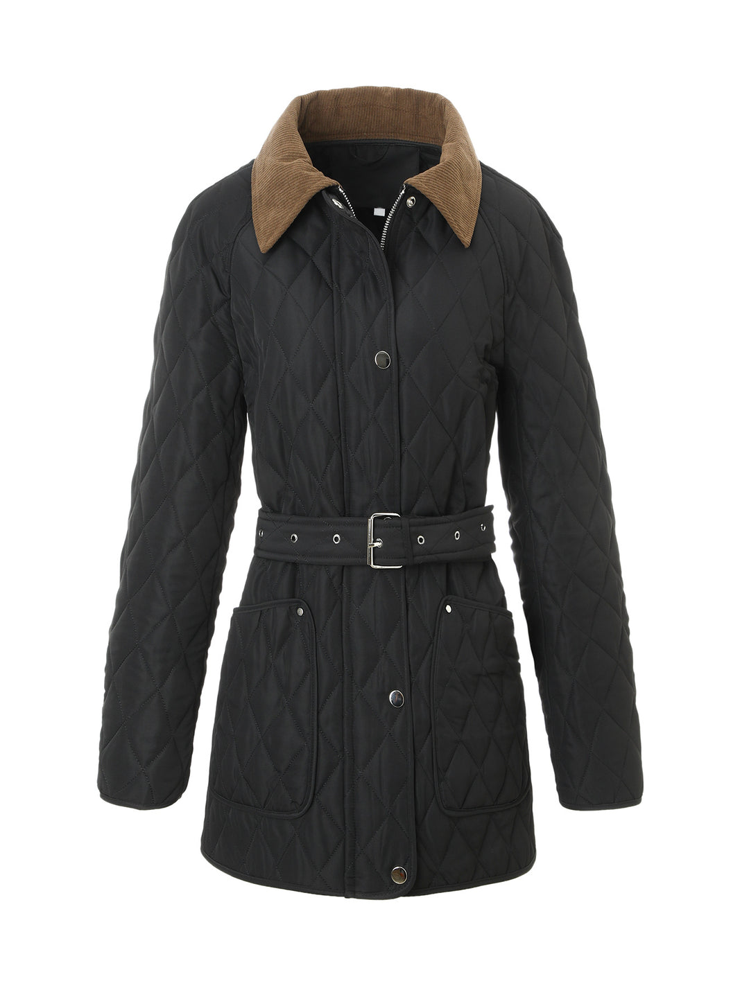 Damen Lange Steppjacke-Mantel mit tailliertem Gürtel und Kontrast-Cordkragen Nord Taschen